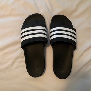 black and white adidas striped slides